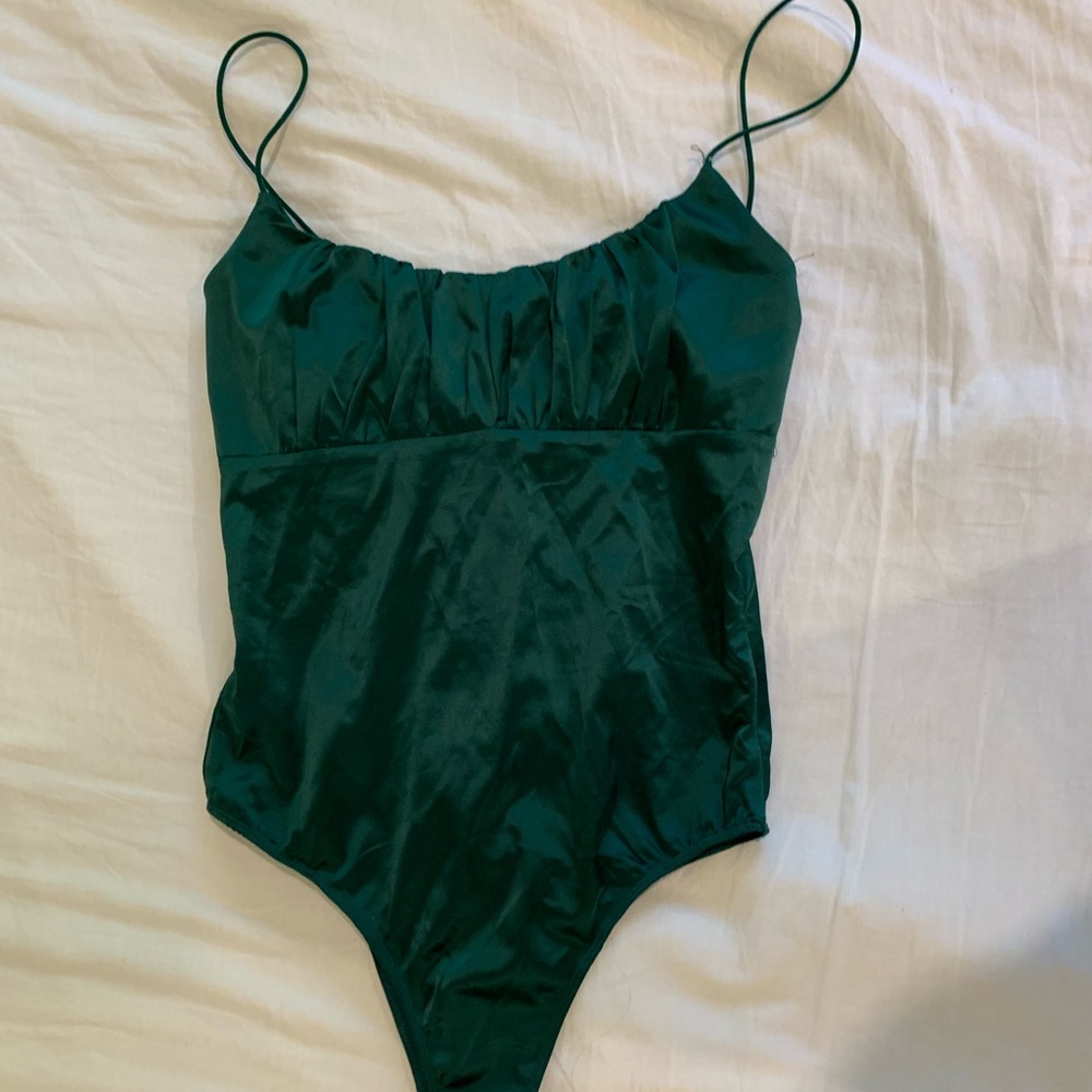 green silk/satin bodysuit, worn once good condition